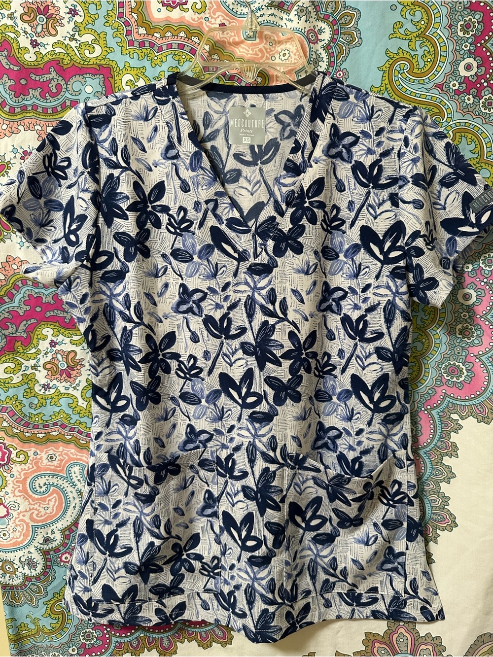 Med Couture Navy and White Floral V-Neck Tunic